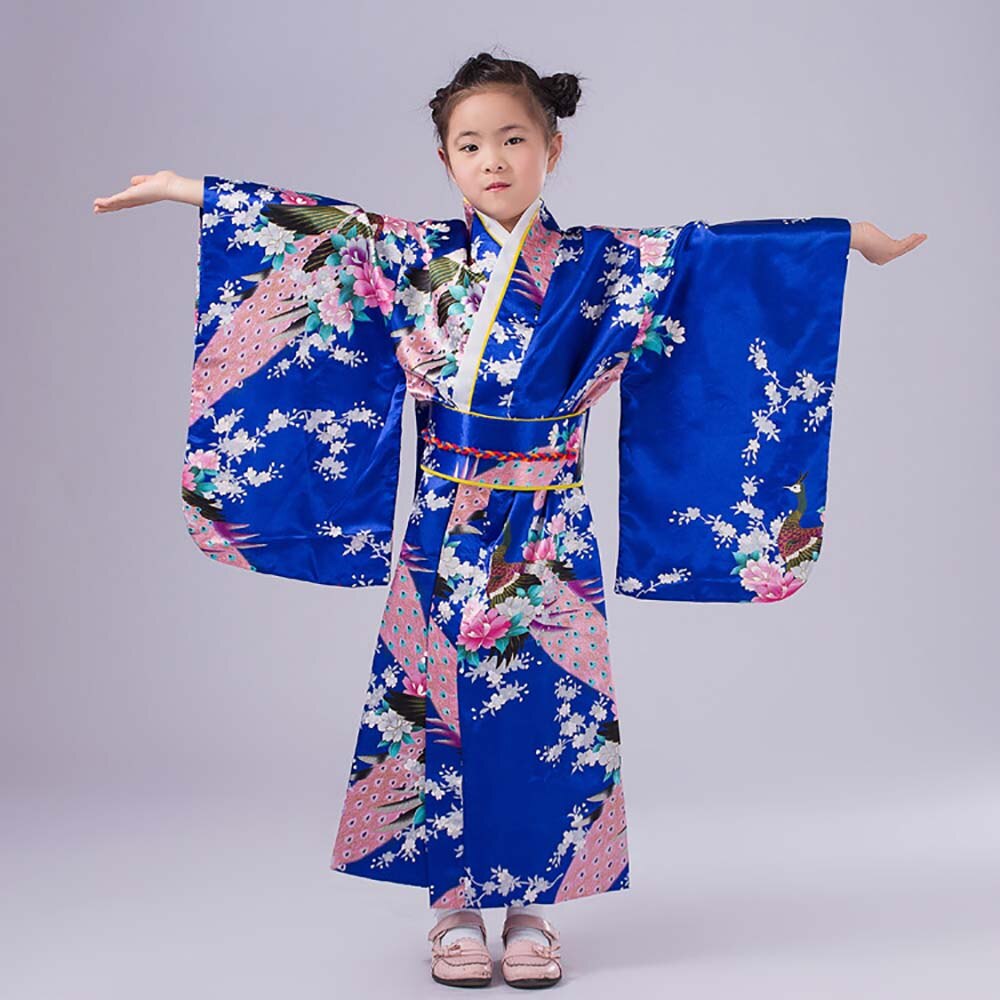 Kinder Mädchen Vintage Floral Kimono Yukata Japanischen Traditionellen Kostüm Silk Satin Kimono Robe Kleid für Kinder Geisha Cosplay: Marineblau / M