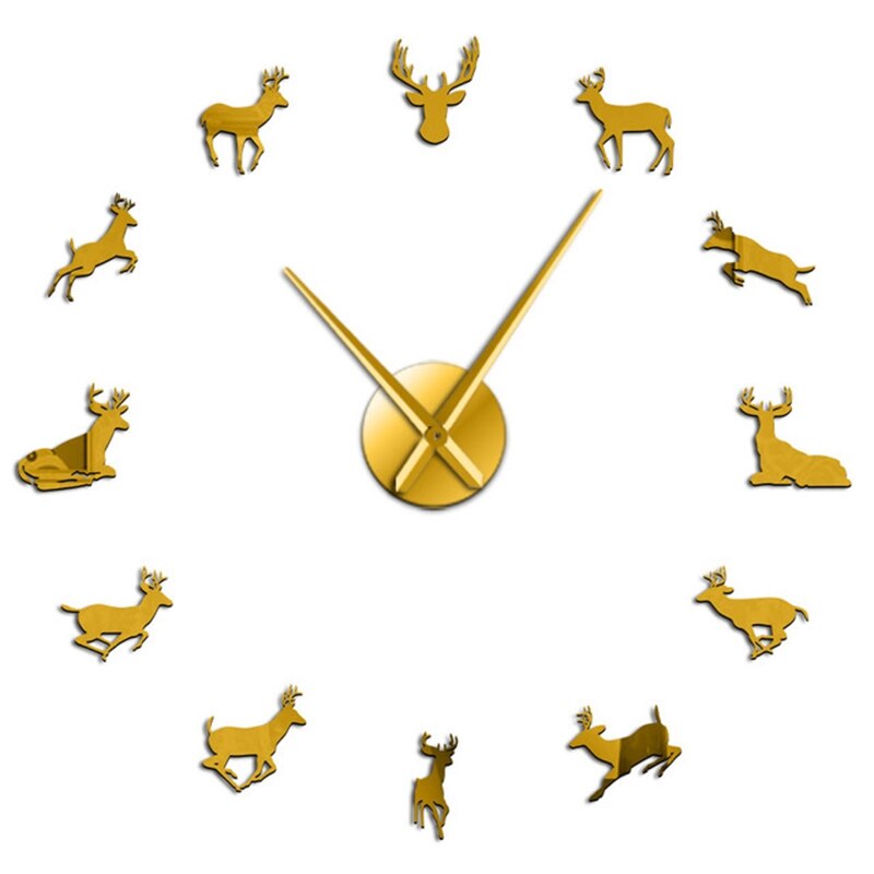 Tête de cerf bricolage horloge murale géante bois cerf chasseur moderne cerf bois horloge murale acrylique effet miroir animaux décorations pour la maison: Gold