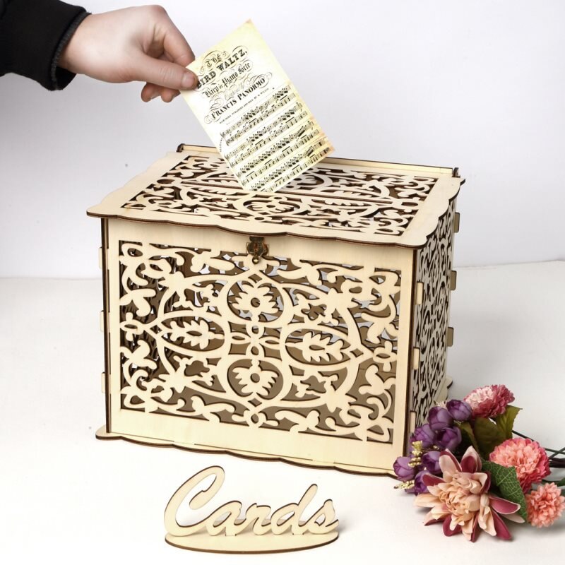 1PC Wedding Card Boxes Wooden Box Wedding Supplies DIY Couple Flower Pattern Grid Business Card Wooden Box S/L