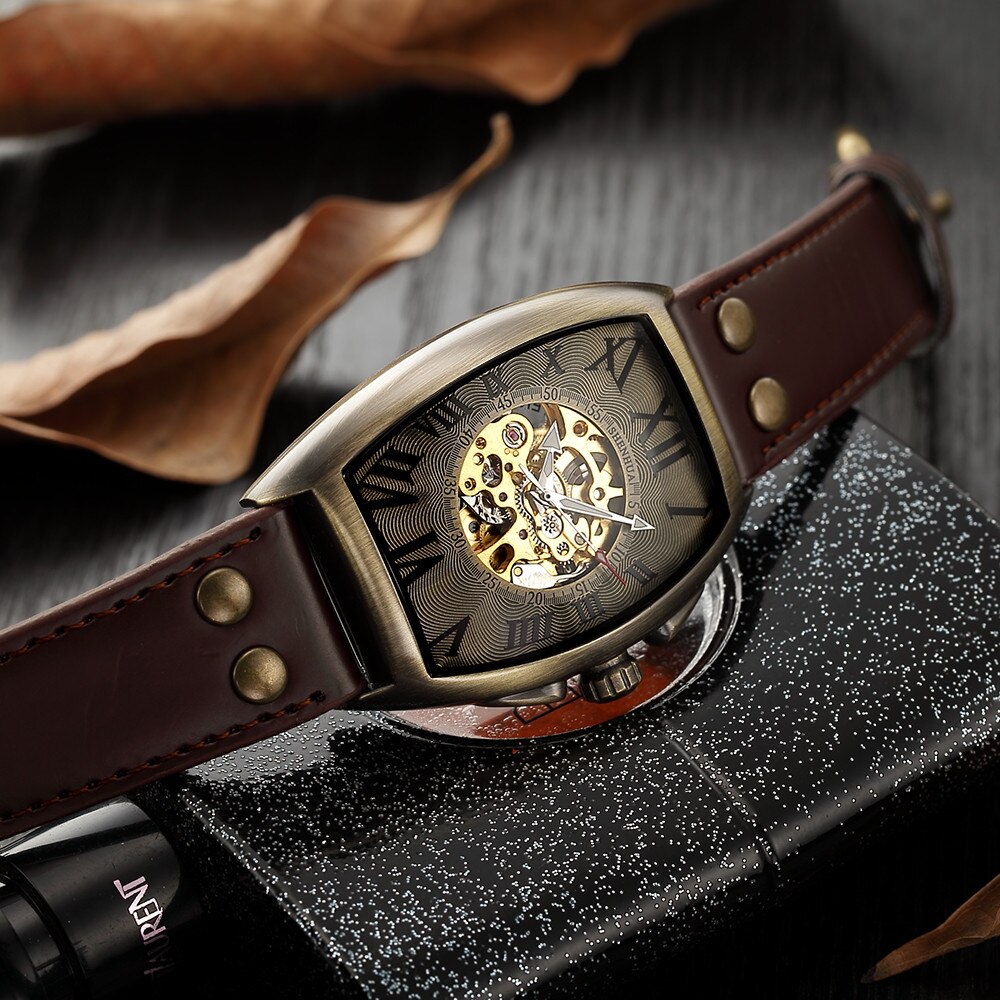 Retro automatiske ure mænd kranium skelet urskive selv vind brun armbåndsur han vintage vintage romersk ur læder reloj relogio