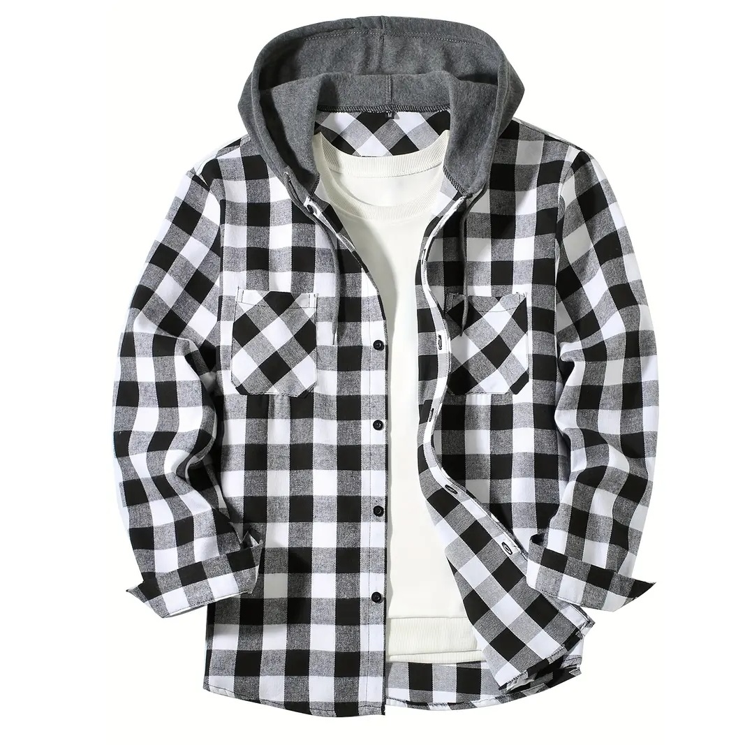 Herrenhemden, klassisch, kariert, lässig, Taste-Nieder-Kapuze, langärmelig, Doppeltaschen, Hemd, Kapuzenpullover, Flanelljacke, Frühlings- und Herbstoberteile