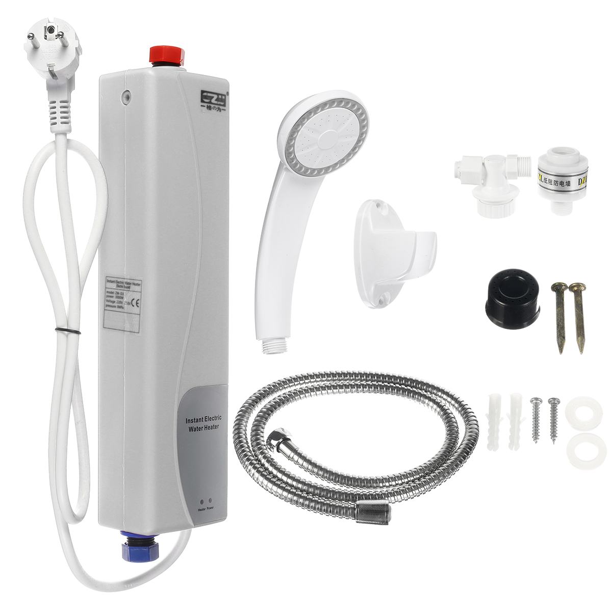 3000W 220V 50Hz Instant Elektrische Tankless Boiler Met Douchekop En Water Pijp Set Keuken badkamer Douche Eu Plug: WHITE