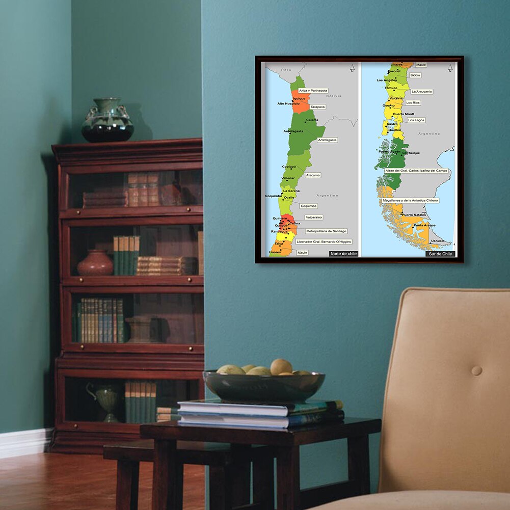 60*60cm The Chile Map In Spanish Canvas Painting Wall Art Poster Classroom Home Decor Children School SuppliesTravel