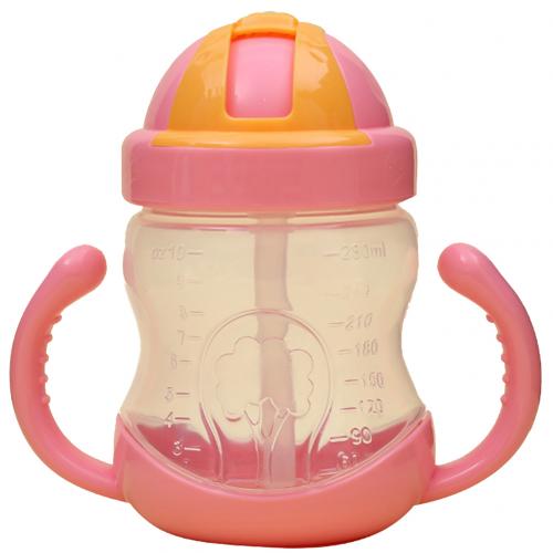 280 ml fodringsflasker med brede mundkopper tæthedsstrå suges vand med håndtag mælkesilikone babyer, der drikker træning: Lyserød