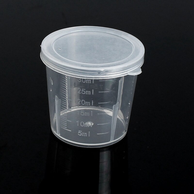 Lote de 10 unidades de botellas de laboratorio graduadas de plástico, prueba de laboratorio, medición de 30ml, recipientes, tazas con tapa, tazas de plástico para medir líquidos