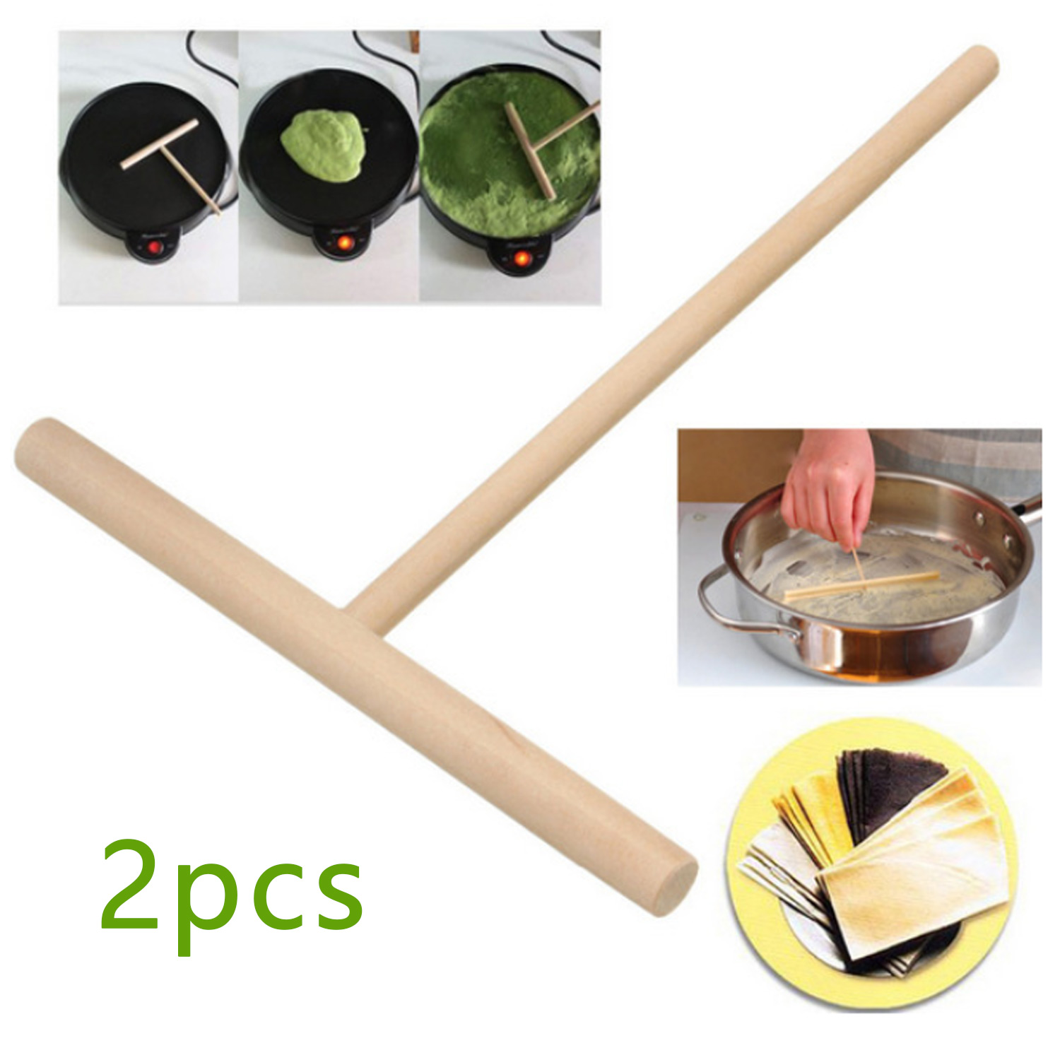 Behogar 2PCS T-shaped Wooden Batter Crepe Jianbing Pancake Spreader Sticks for Restaurant Home Kitchen Cooking Tool 16x12cm