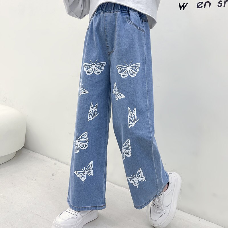 Jean imprimé papillon pour fille, pantalon en Denim à jambes larges, Style décontracté, vêtements pour enfants de 6 8 10 12 13 ans, printemps-automne
