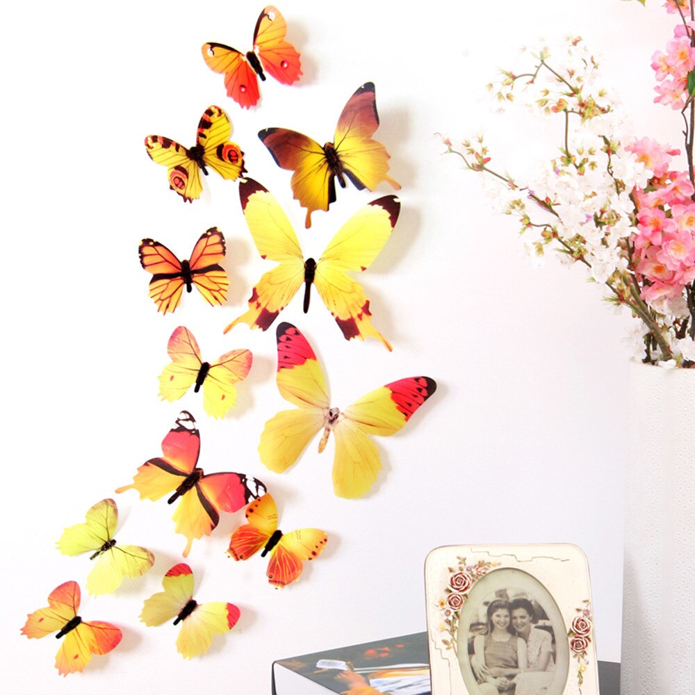 12 stk 3d gør-det-selv sommerfugle-regnbue-mærkat wallstickers hjem stue dekorationer fest bryllup indretning: Gul