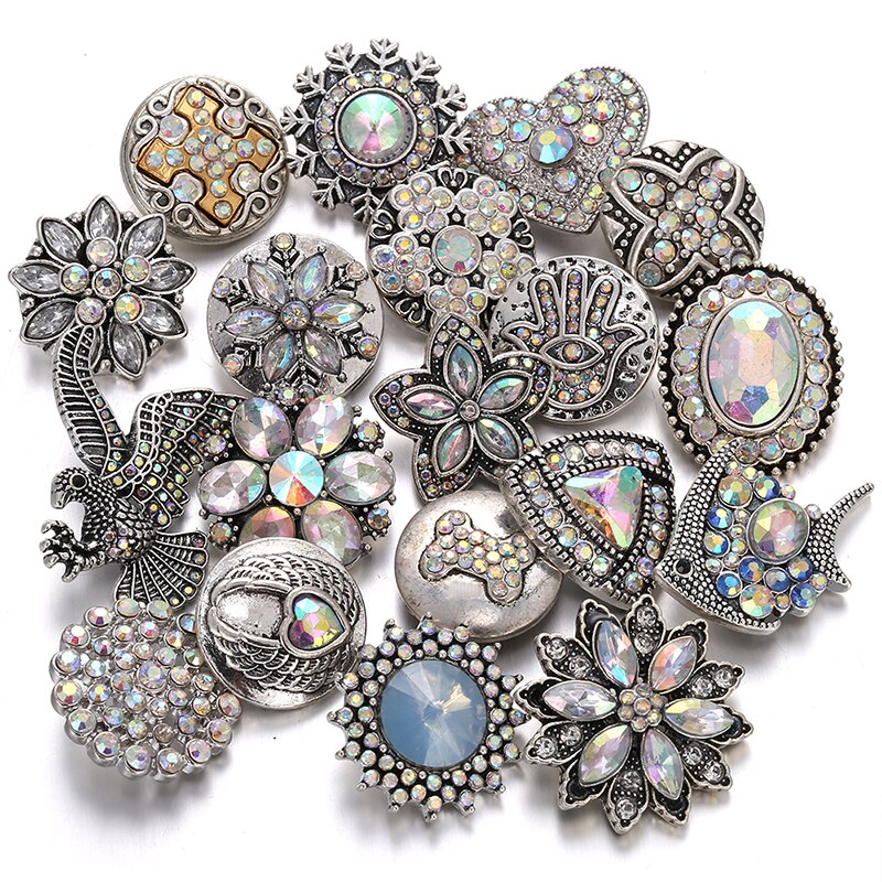 10pcs/lot 18mm Snap Jewelry Mix Many Styles 18mm Metal Snap Buttons Gold Rose Gold Buttons Rhinestone Snaps Jewelry