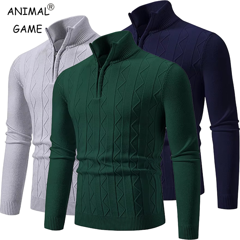 Automne quart de fermeture éclair pull hommes pull tricot à manches longues pull hommes hiver mince décontracté col roulé faux cou chandails