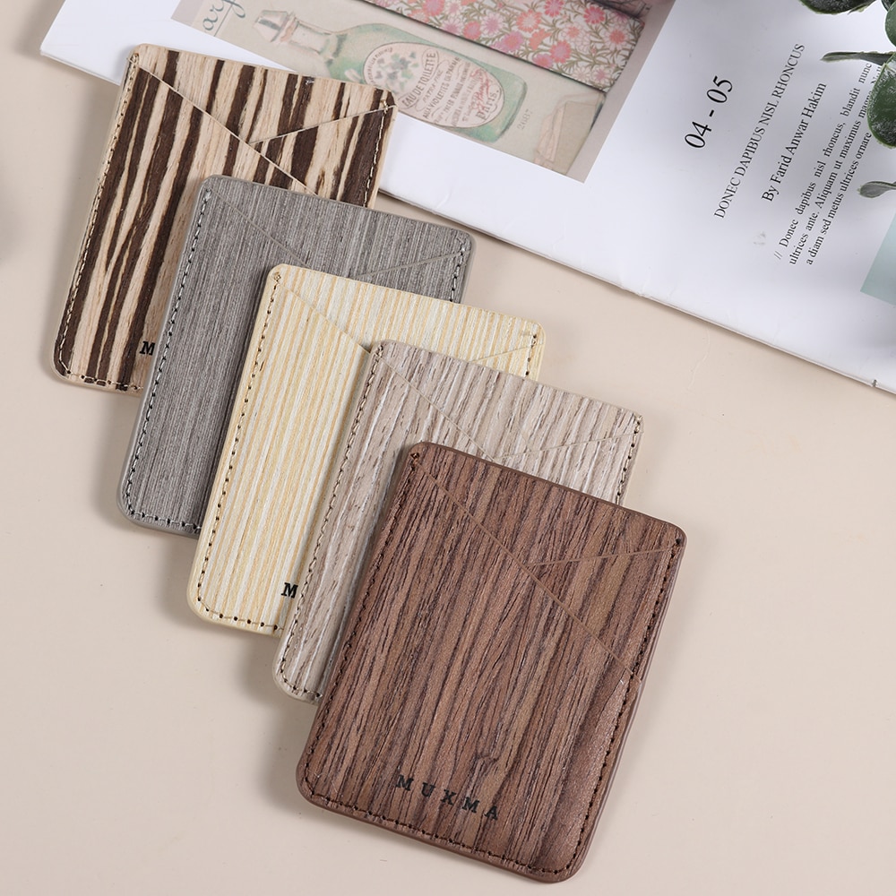 Houten patroon id creditcardhouder telefoon portemonnee hoesje zelfklevend pu telefoonhoesje sticker elastische kaarthouders tassen