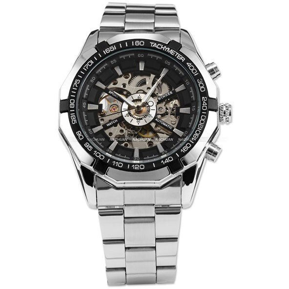 Mannelijke Horloges Winnaar Automatische Horloge Luxe Mannen Roestvrij Staal Zelf Wind Skeleton Mechanische Horloge Klok: silver black