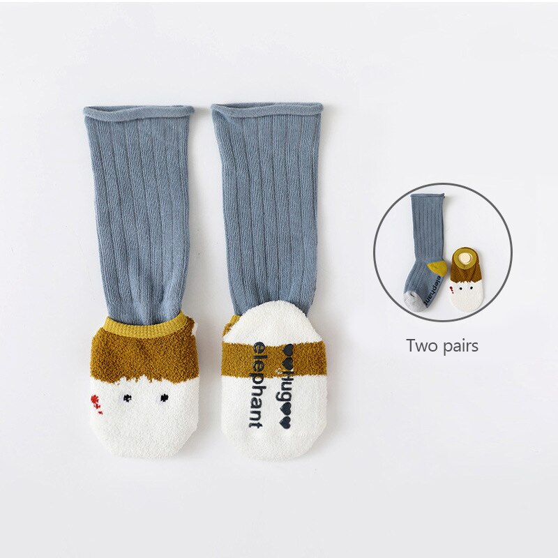 2 Pair/set Cartoon Dinosaur Baby Socks Winter Autumn Non Slip Warm Cotton Kids Socks For Boys Girls 0-12M: gray