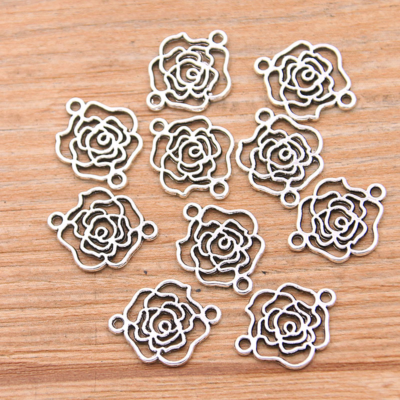 40Pcs 2 Kleur 13*16Mm Kc Goud Papier Rose Charms Plant Connector Metaallegering Diy Ketting Armband handwerk Markering Bevindingen: Silver Plated