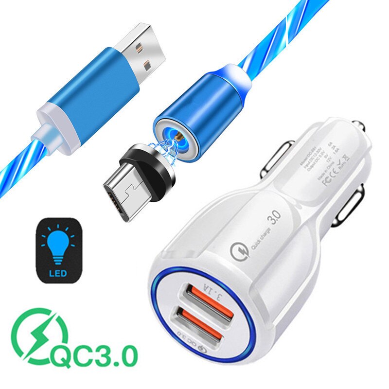 Magnetic luminous Micro usb Charge Cable For Samsung j3 Huawei Y7 Xiaomi Redmi 7 Meizu Asus Oppo 2 usb Fast Car Charger Honor 7A: Car Charger 1M Cable