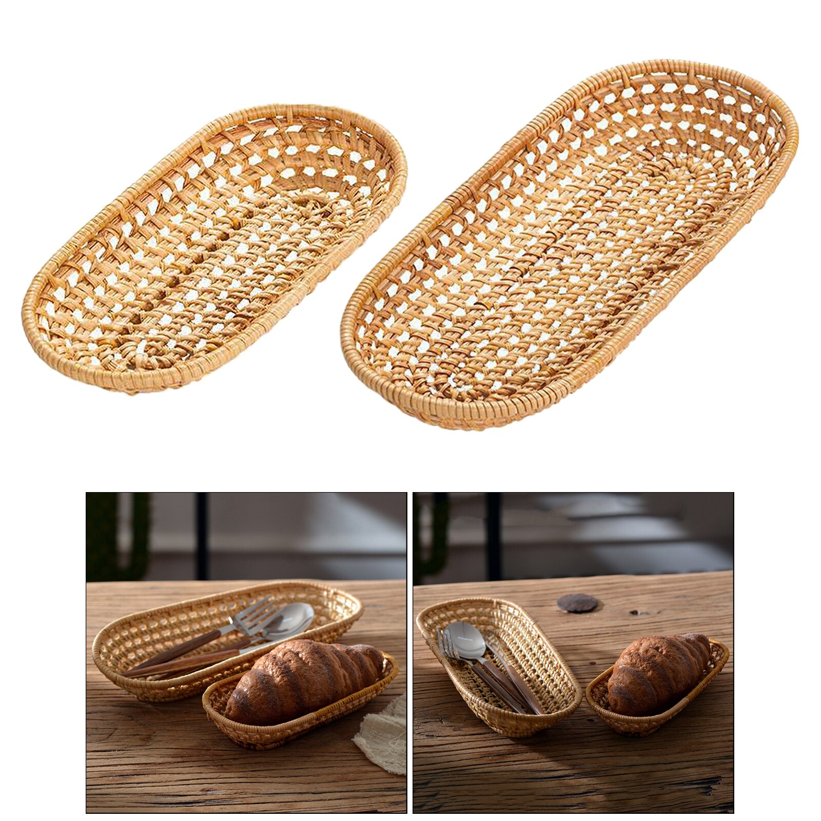 Rattan Bread Basket Woven Storage Basket Kitchen Bread Box Storage Boxes Rectangle Fruit Plate Trays Organizer