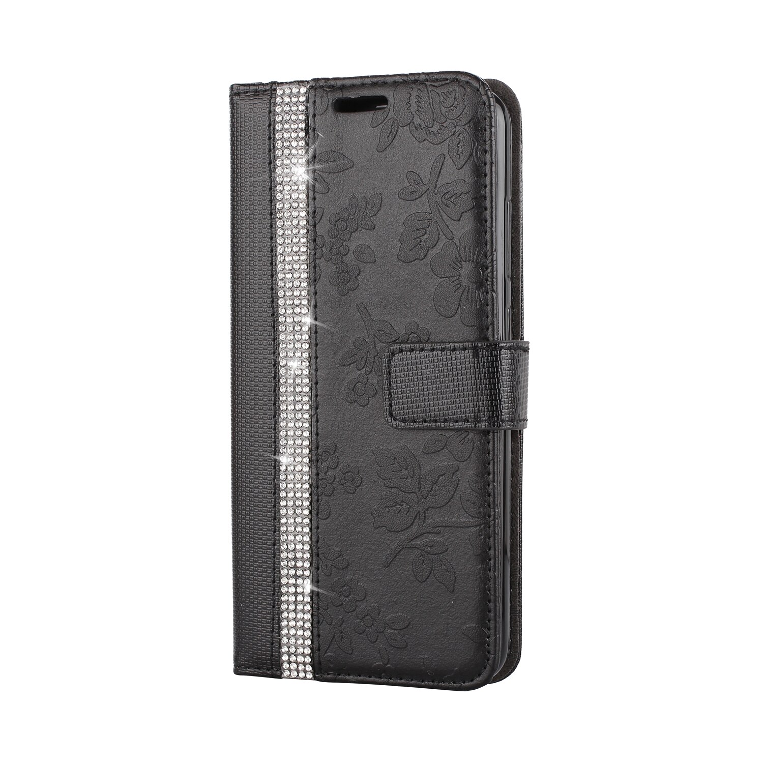 Funda de cuero para Huawei P10 P9 P8 Lite Strass Flor de Strass Flip Book funda para Huawei P 10 9 8 Lite: Huawei P10 / Black