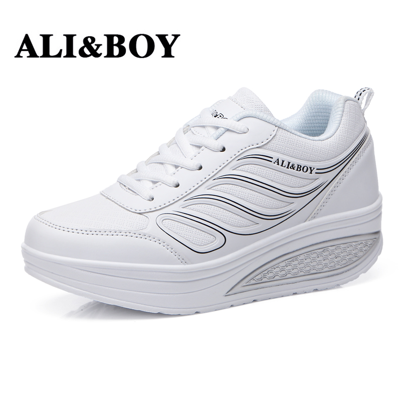 ALI&BOY PU leather women's running shoes Platform Slimming Shoes Ladies Wedges Swing women sport shoes white sneakers woman