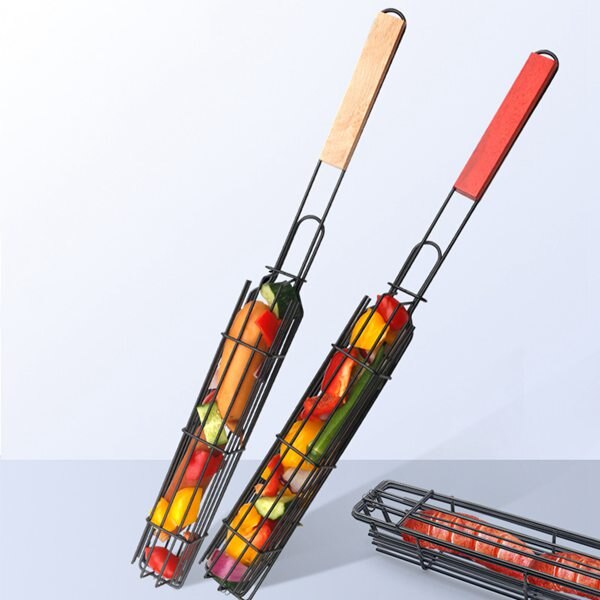 Panier de grillades Kabob, manche en bois réutilisable et Durable, outil de Barbecue, filet de gril avec 2 brosses en Silicone, 4 pièces