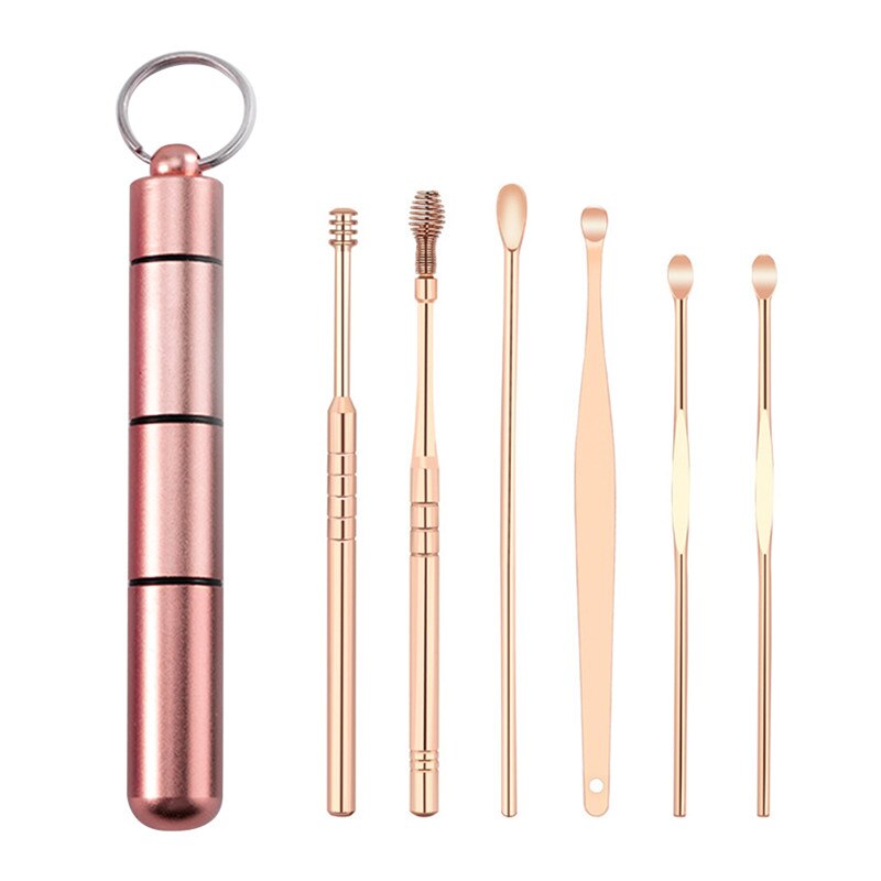 6 Stks/set Ear Wax Pickers Rvs Spiraal Earpick Wax Remover Curette Oor Pick Cleaner Oor Lepel Zorg Oor Schoonmaken gereedschap: Rose Gold