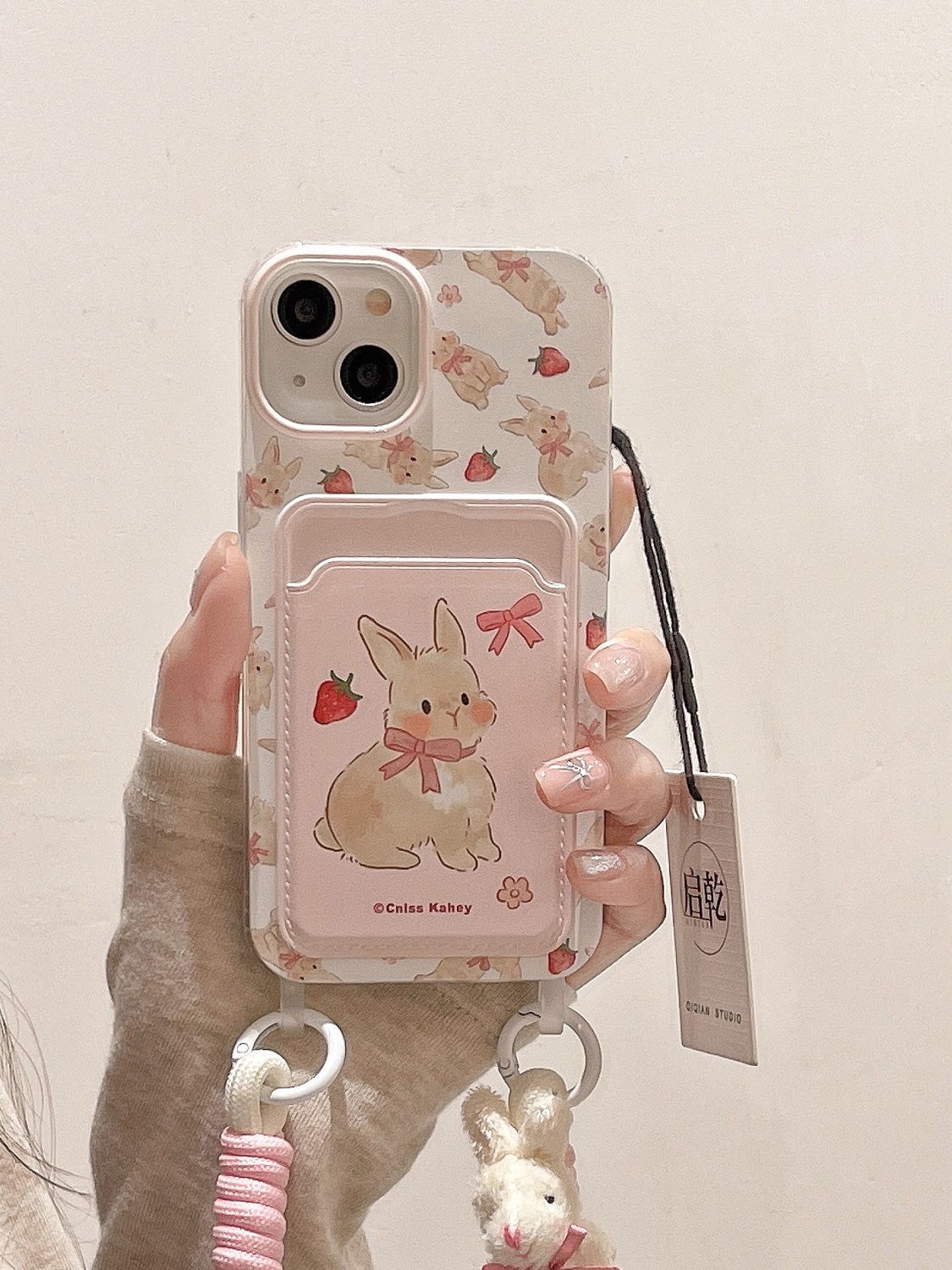 Funda de teléfono con conejo de fresa para iPhone 14 Pro Max 15 11 12 13 XR 8 7 Plus X XS SE 2022, funda de silicona suave: Cuero genuino