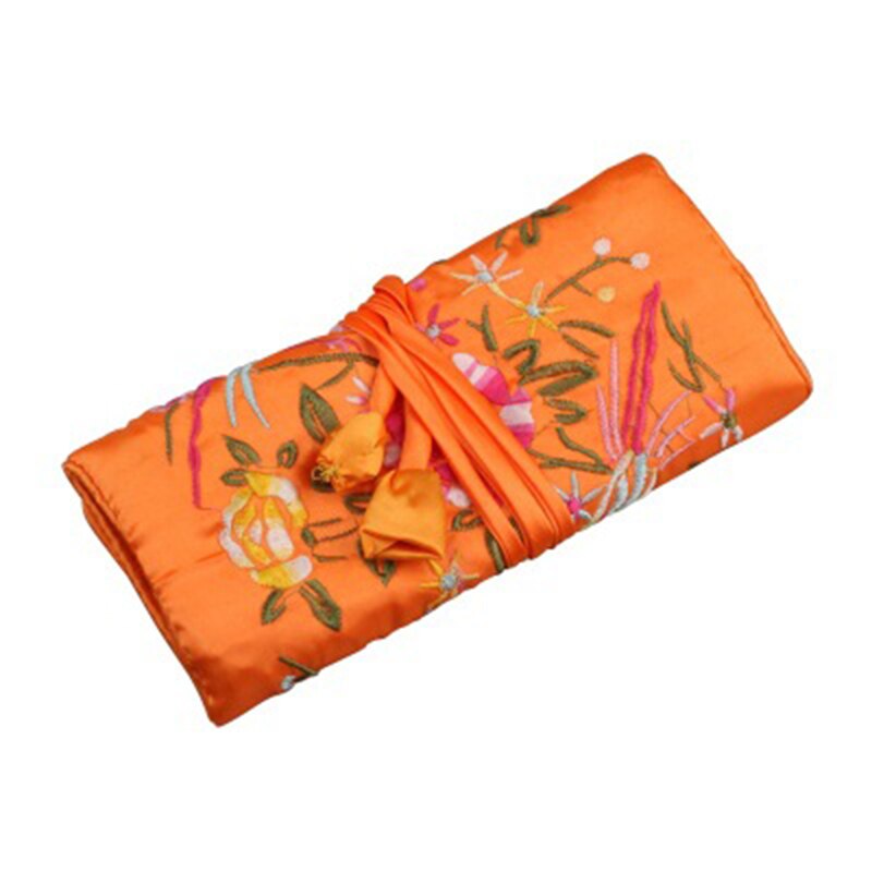 Portable Ladies Travel Jewelry Roll Bag Embroidery Jewelry Packaging Bag Women's Jewelry Organizer Case Pouch: Orange