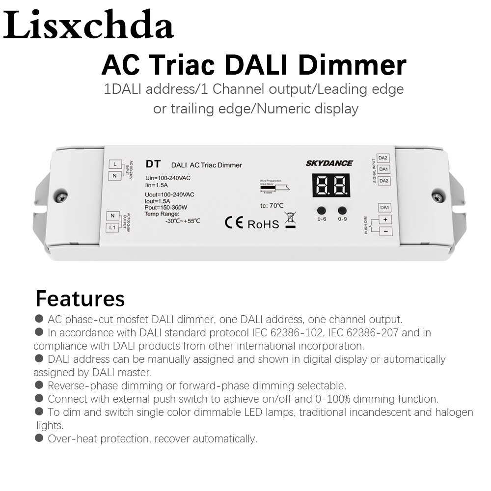 Triac DALI Dimmer 220V 110V 230V AC 1 Channel 1.2A 288W Numeric Display for LED Lamp Halogen Lights DT DALI AC Triac LED Dimmer