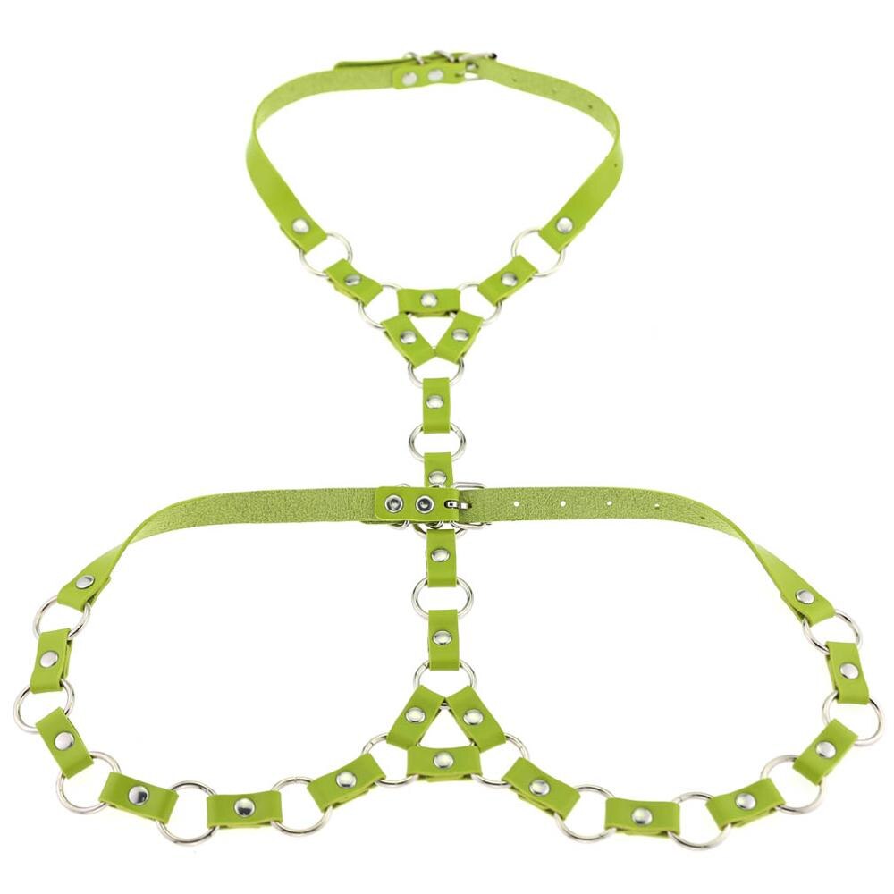 Mode Punk PU Lederen Harnas Body Met O-Ring Choker Bondage Taille Riemen: green