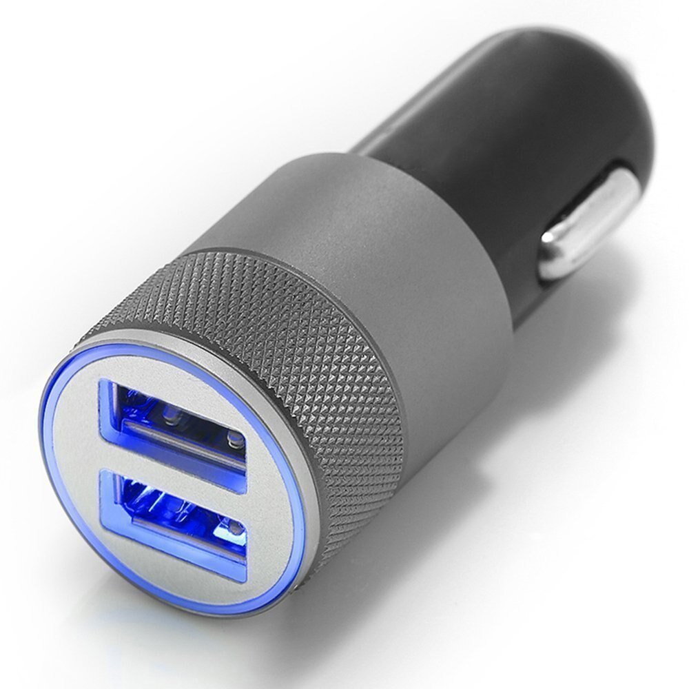 Car Charger Top Geborsteld Aluminium Incl. Heldere Blauwe Led Licht 2 X Usb-poort 2.1A + 1.0A Hoge Snelheid Iq Technologie