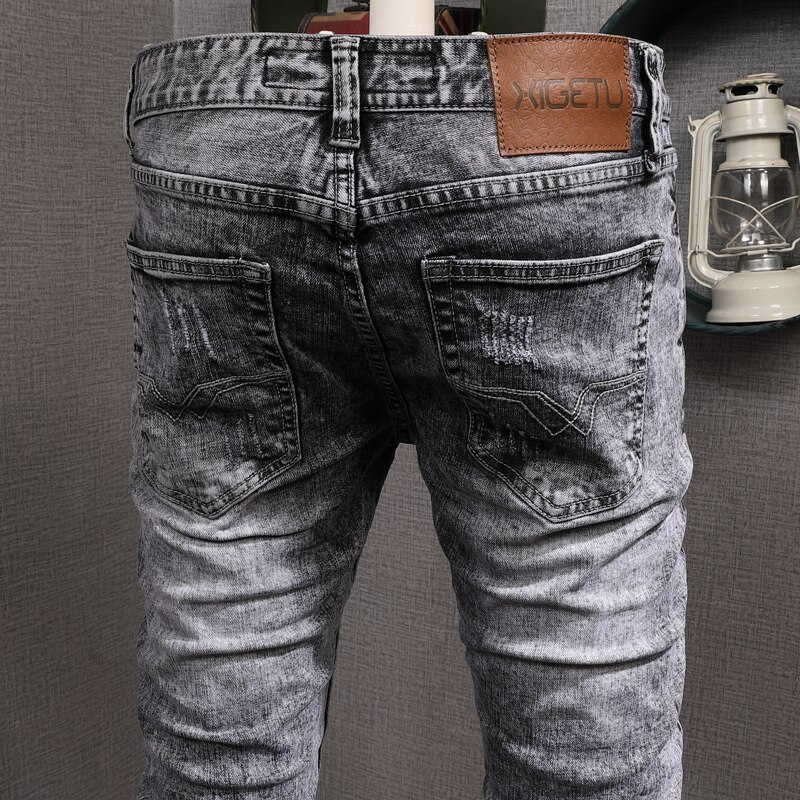 Streetwear hombres Jeans Retro gris lavado Slim Fit Ripped Jeans hombres Patchwork pantalones elásticos Vintage Jeans Homme
