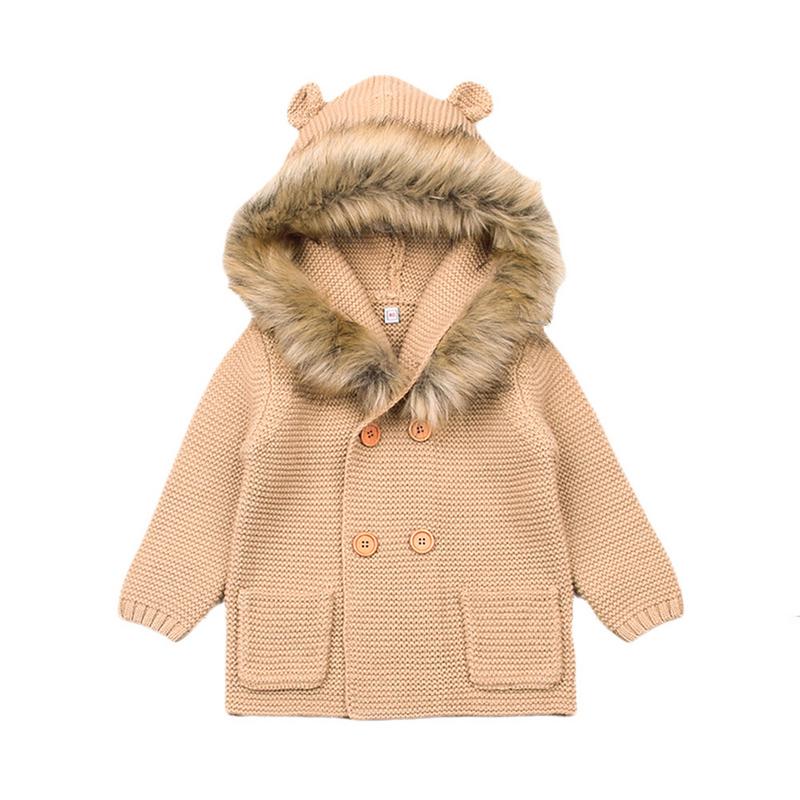 Winter Sweater Cartoon For Baby Girls Cardigan With Ears Newborn Boys Knitted Jackets With Hood Autumn Children Long Sleeve Coat: Khaki / 18M