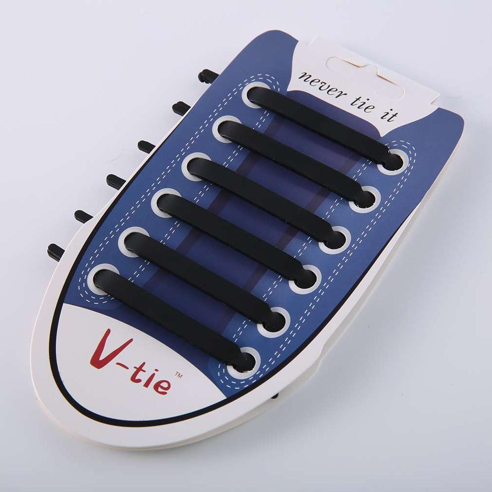 12 stk / sæt elastiske silikone snørebånd til sko unisex ingen slips sko snørebånd mænd kvinder snøre sko gummi snørebånd: Sort