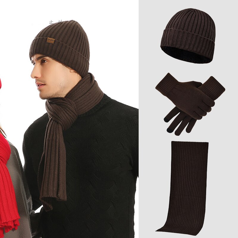 Vinter hat tørklæde handsker til kvinder mænd tyk bomuld dame hat og tørklæde sæt hat og tørklæde til kvinder 3 stykker sæt: Kaffe
