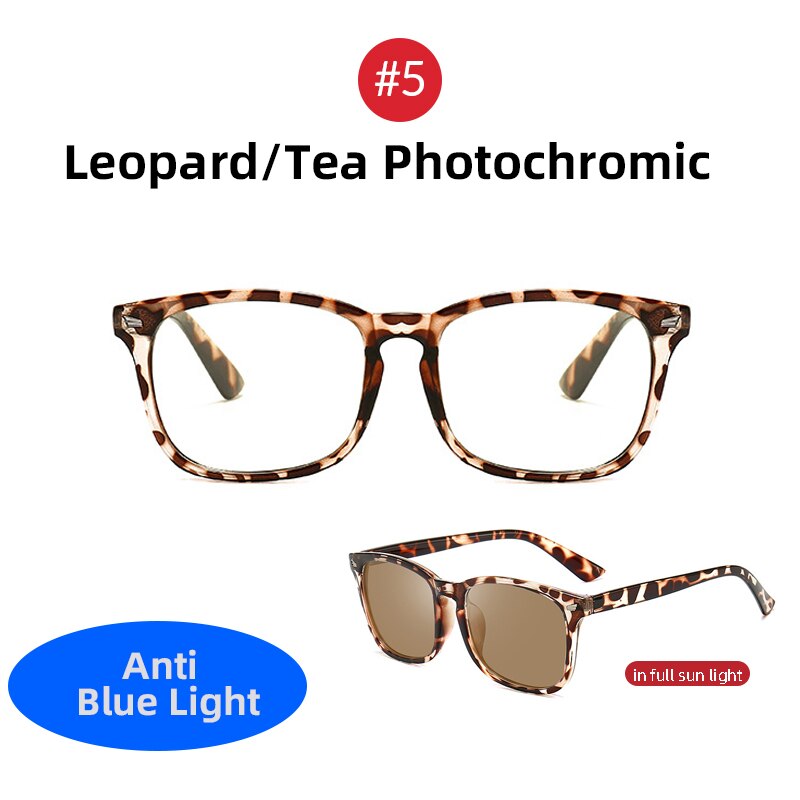 Classic Photochromic Blue Light Blocking Glasses Men Square Color Changing Anti Blue Ray Computer Chameleon Eyeglasses: 5 Tea Photochromic