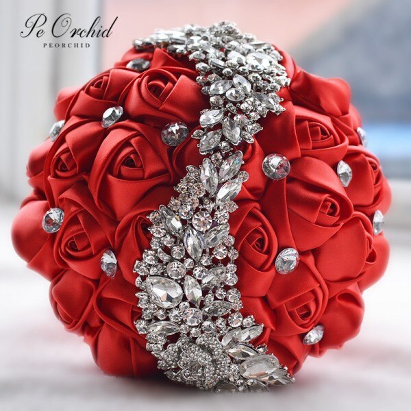 PEORCHID De cristal rojo ramo De la boda Flores para novia Rosa De satén rosa/Borgoña De Ramos De Flores Novias diamante broche De ramillete nupcial: Rojo