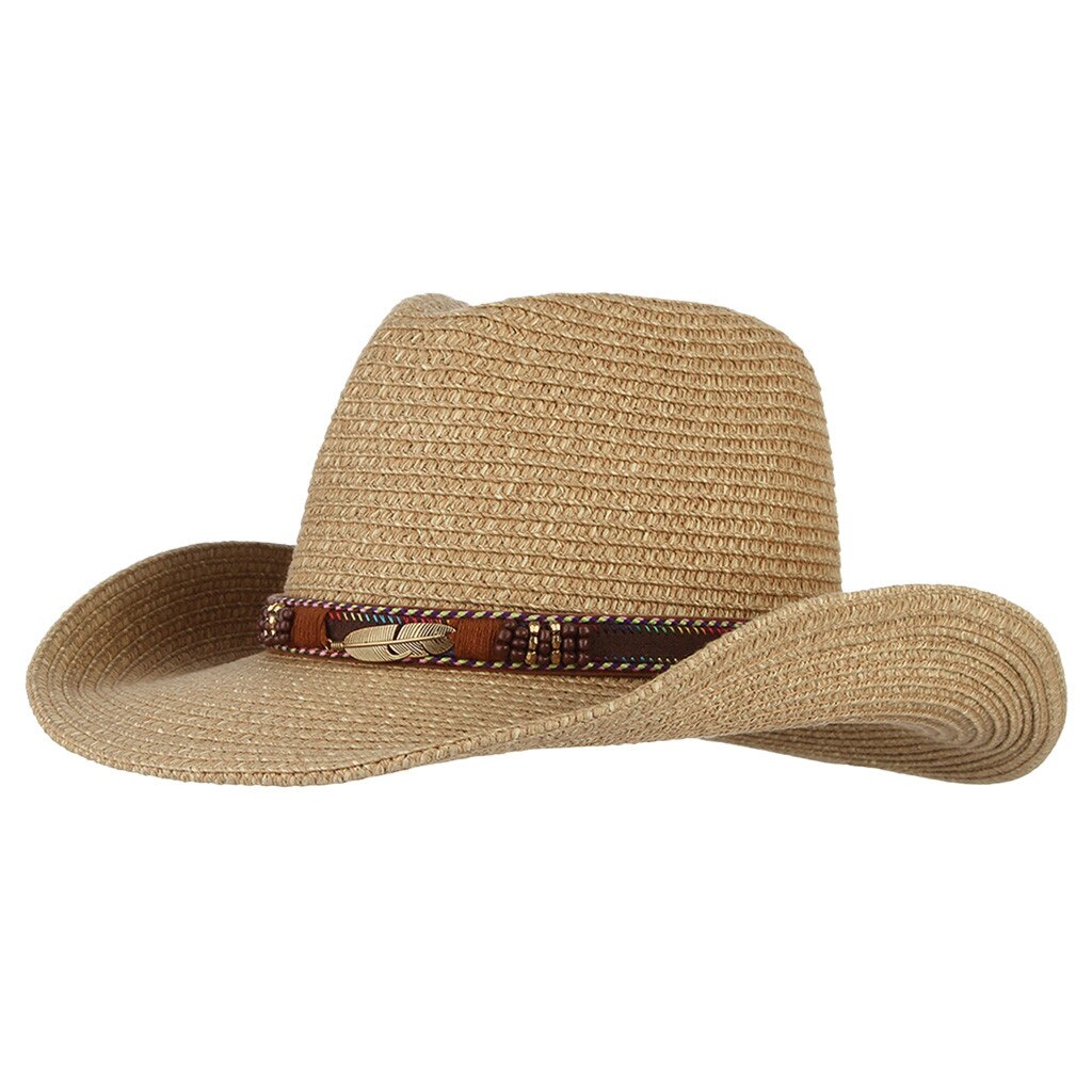 Western Cowboy Hat Sun Hat For Men Cowgirl Summer Hats For Women Lady Straw Hat With Alloy Feather Beads Beach Cap Panama #L5: KH