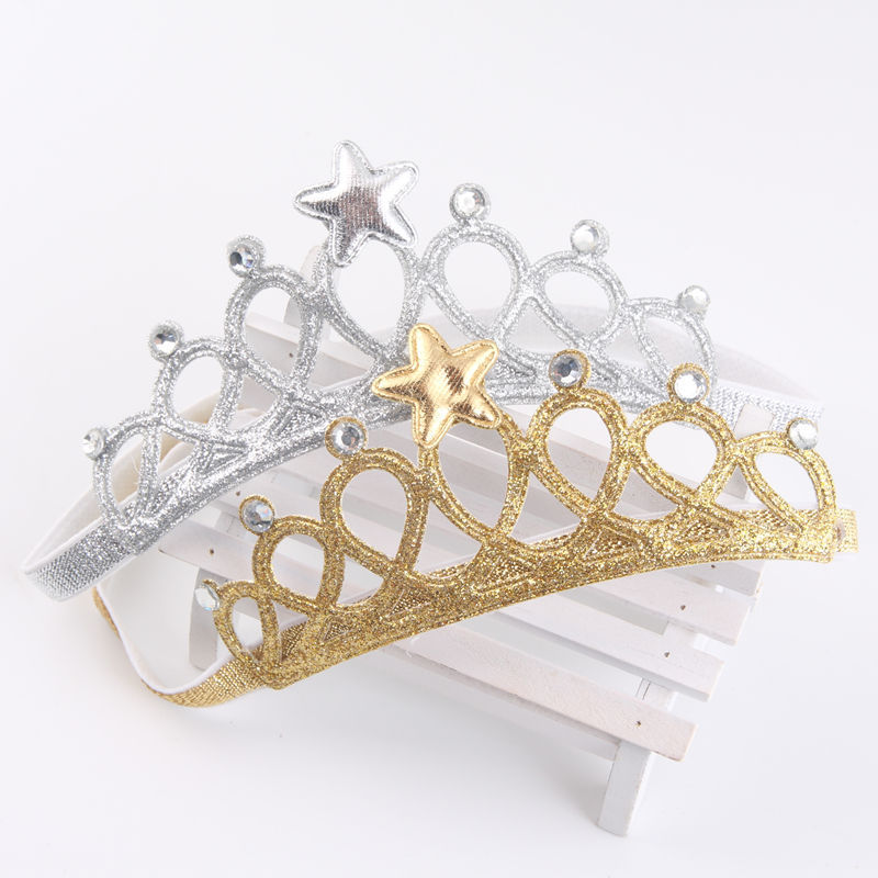 Girls Baby Hair Accessories Princess Tiaras Crown Gold Silver Headband Elastic Birthday Headbands