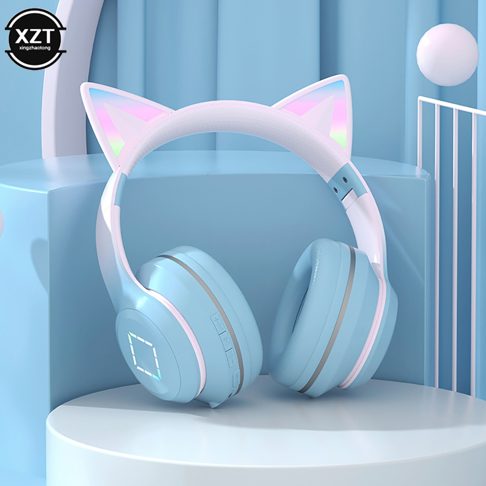 Headset Bluetooth 5.1 Draadloze Gamer Schattige Kat Oor Koptelefoon Met Microfoon Rgb Led Licht Voor Kinderen Pc Gamer Laptop Oordopjes