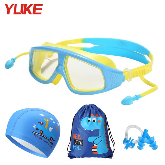 YUKE Kids Swimming goggles Anti-Fog With Swim Cap Bag Children swim Eyewear Waterproof Boys Girls Pool glasses: sky blue