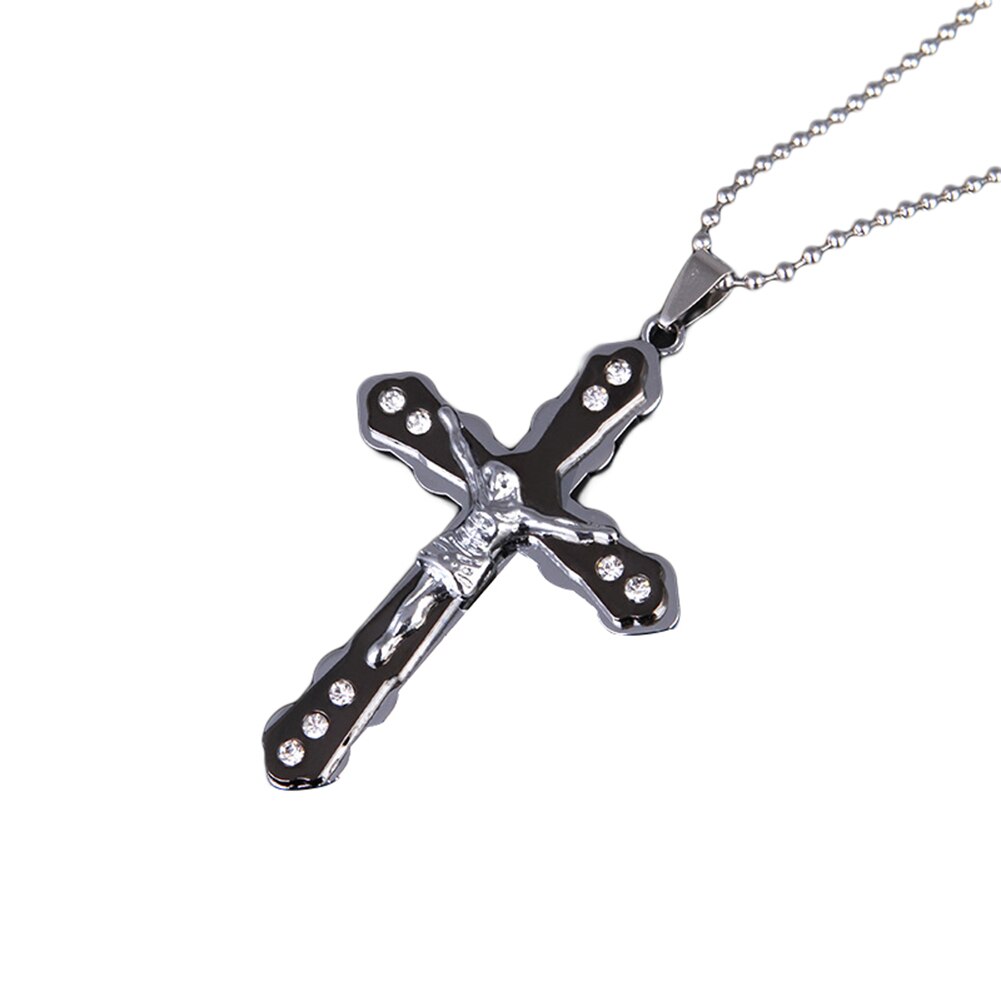Legering guld färg kors hänge halsband jesus kors strass inlagt hänge halsband män religiös tro smycken: Svart