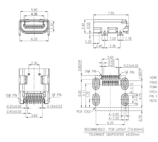 Small pin MICRO HDMI MINI 19P mini patch female seat front and rear pins