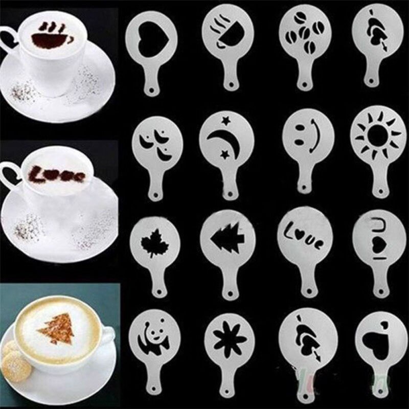 16 Stks/set Koffie Cake Stencil Template Koffie Cappuccino Mold Fancy Koffie Afdrukken Model Strooi Pad Duster Spray Gereedschap