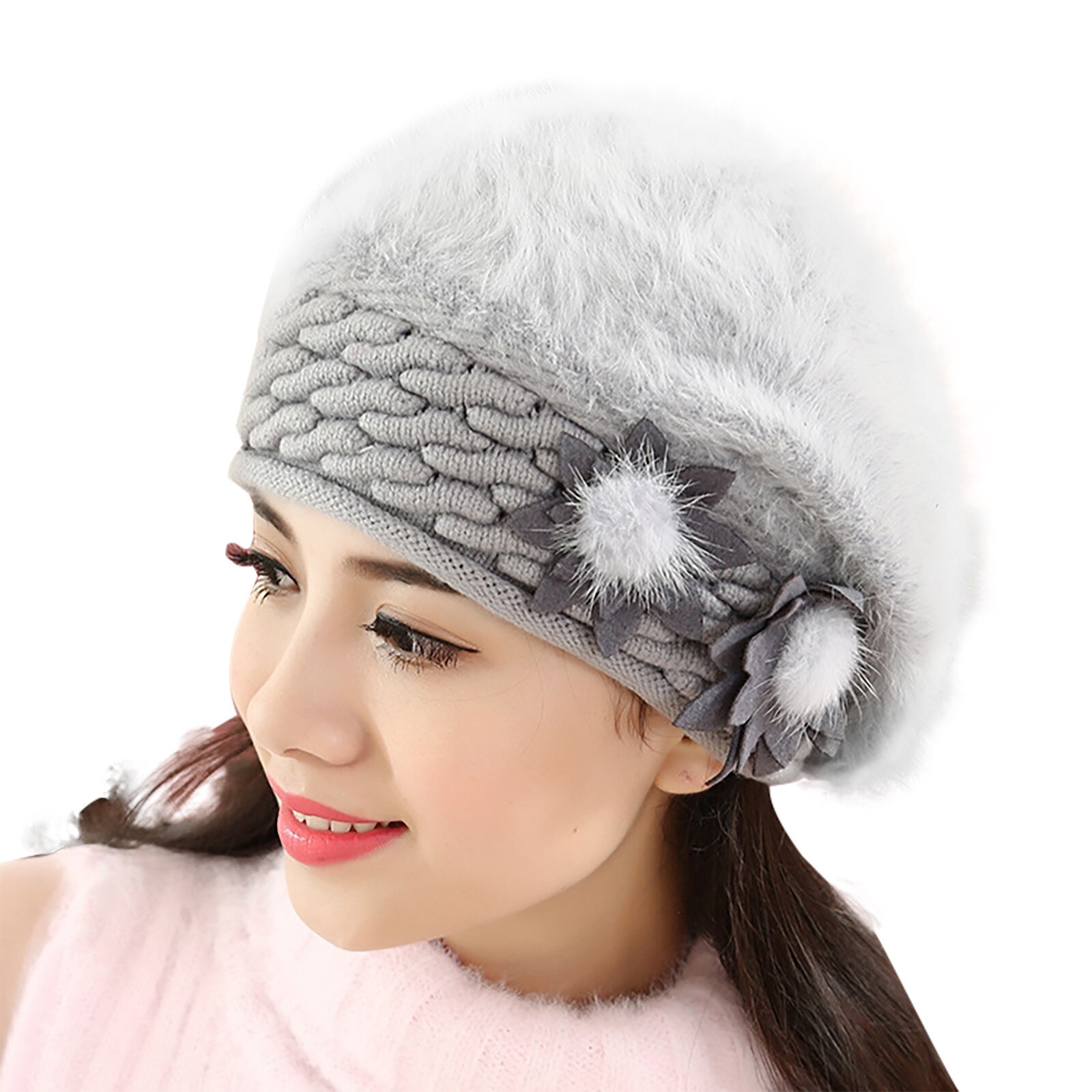 Beret Women Winter Hat Beanie Warm Knit Flower Double Layers Soft Thick Thermal Snow Skiing Outdoor Hats For Female Caps: Gray 