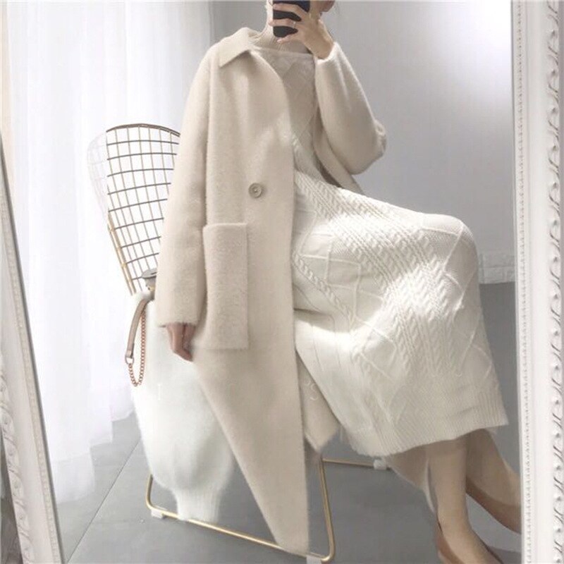 Spring Autumn Women Trench Coat Long White Warm Outwear Pocket Turn-down Collarloose Female Wool Coat Single Button Raincoat