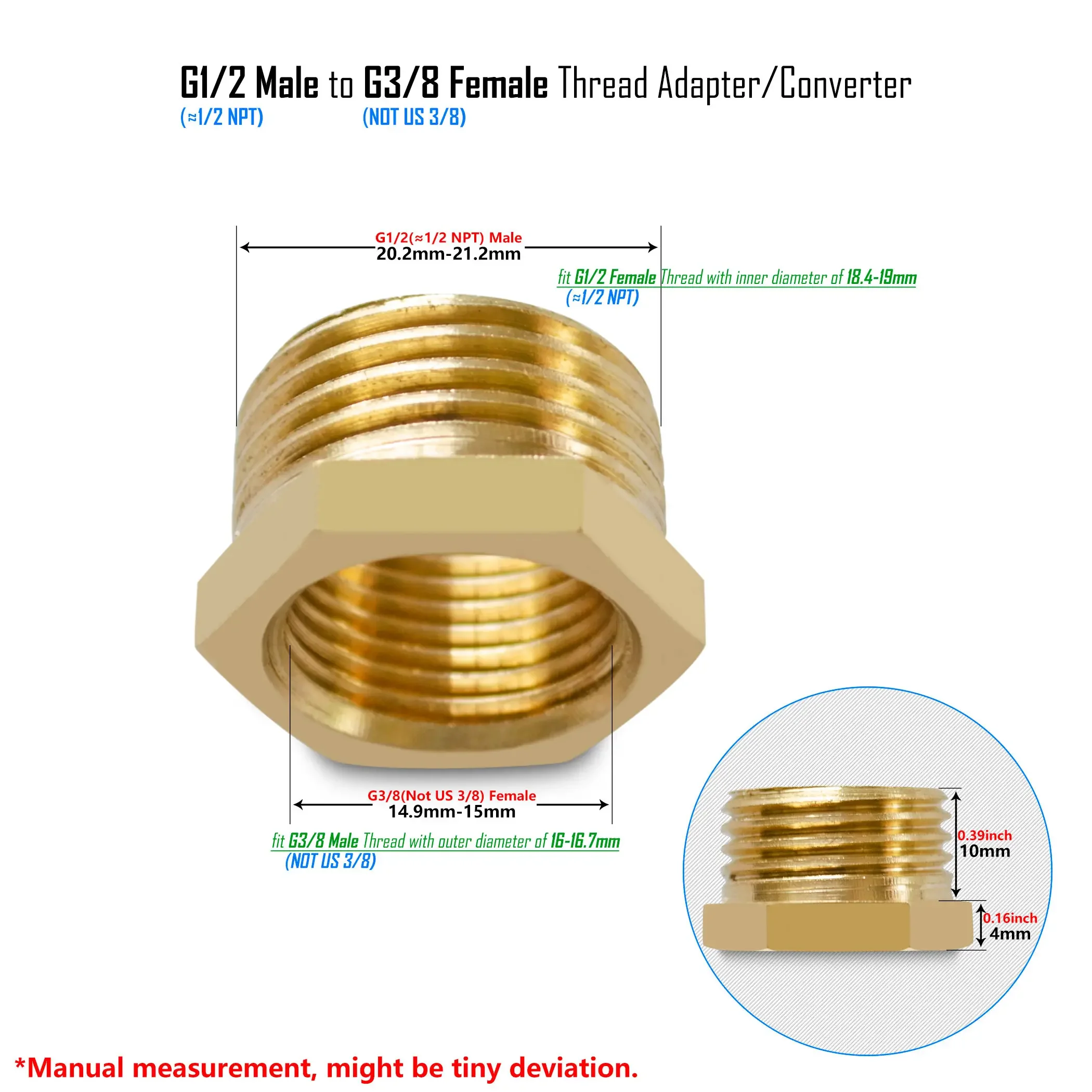 G1/2 to G3/8, 9/16-24 UNEF, 1/2 NPT Reducer Pipe Fittings Brass or Stainless Steel Threaded Water Hose Adapter Male Female: 75*40mm / Silver