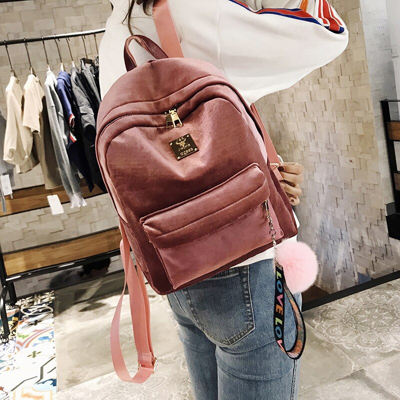 Women Backpack Velvet Ribbon Large School Bags for Teenage Girls Hairball College Backpack Bagpack Travel Bag Rucksack Mochila