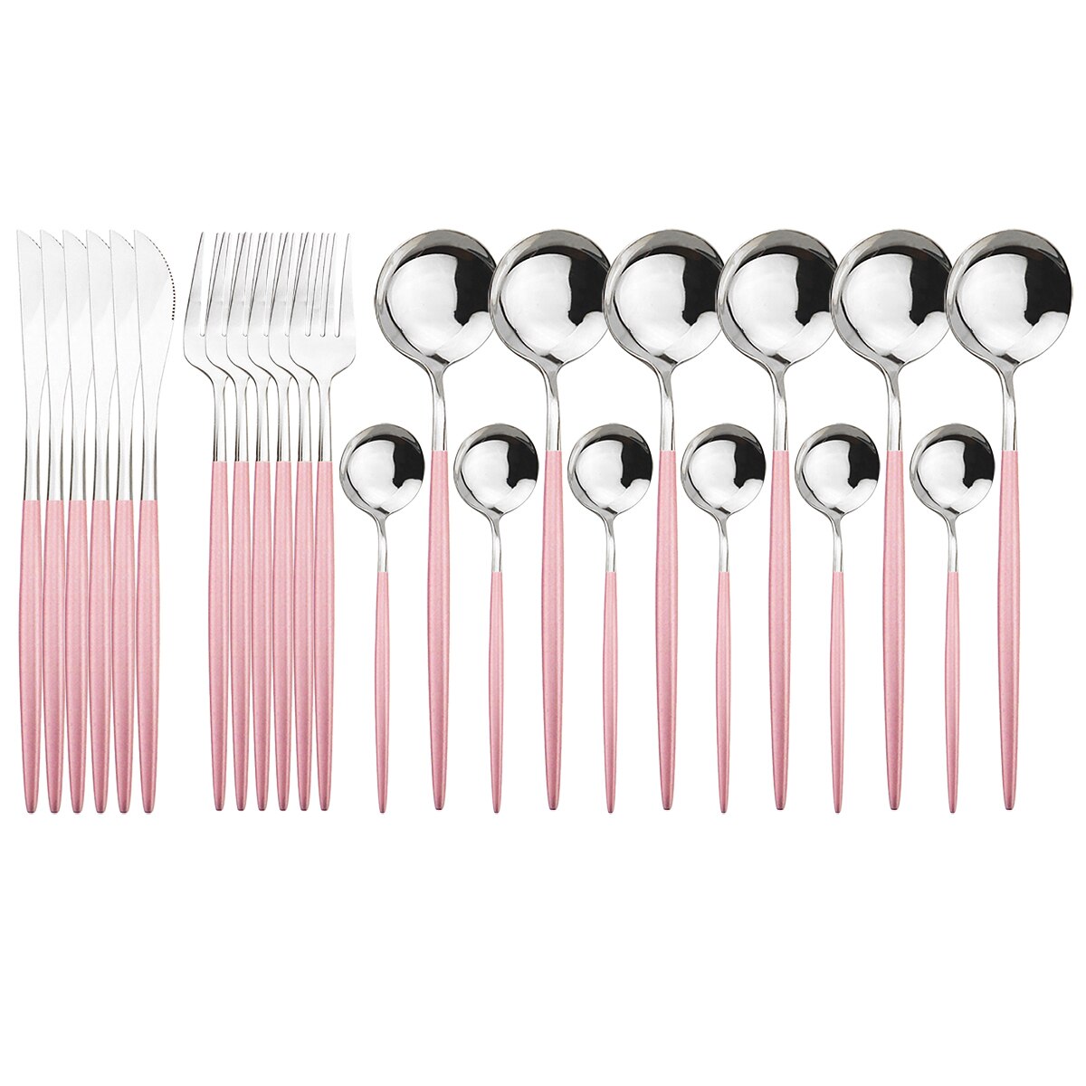 24Pcs Green Silver Cutlery Set Stainless Steel Dinnerware Set Knives Forks Spoon Dinner Tableware Set Kitchen Party Flatware Set: Pink Silver