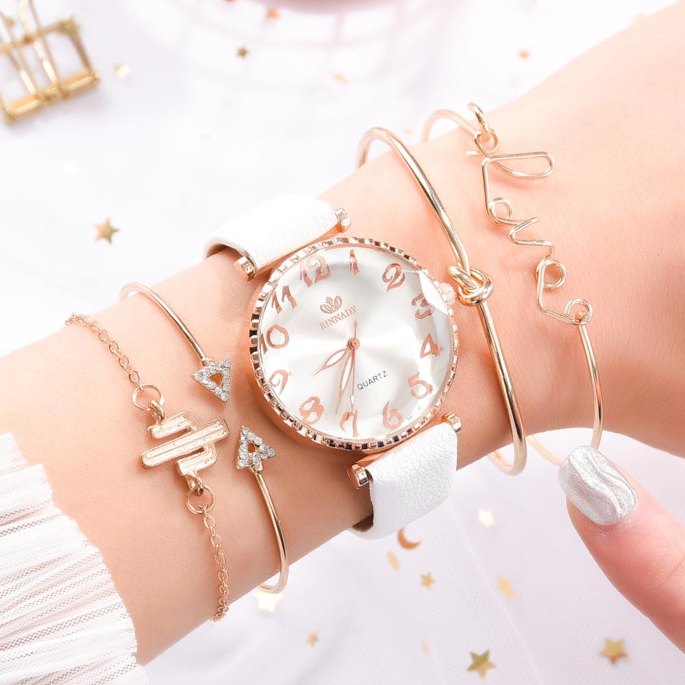 Leather Watches Women Bracelet Set 5PCS Simple White Band Causal Dress Clock Ladies Sports Wrist Watch