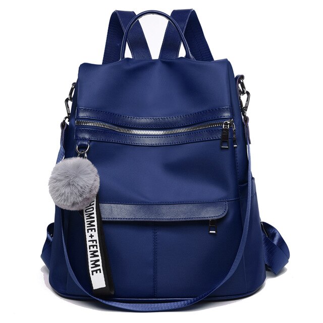 Backpack Waterproof Anti-theft Oxford Cloth Simple College Wind Bag Youth Girl Backpack Hair Ball Pendant: blue
