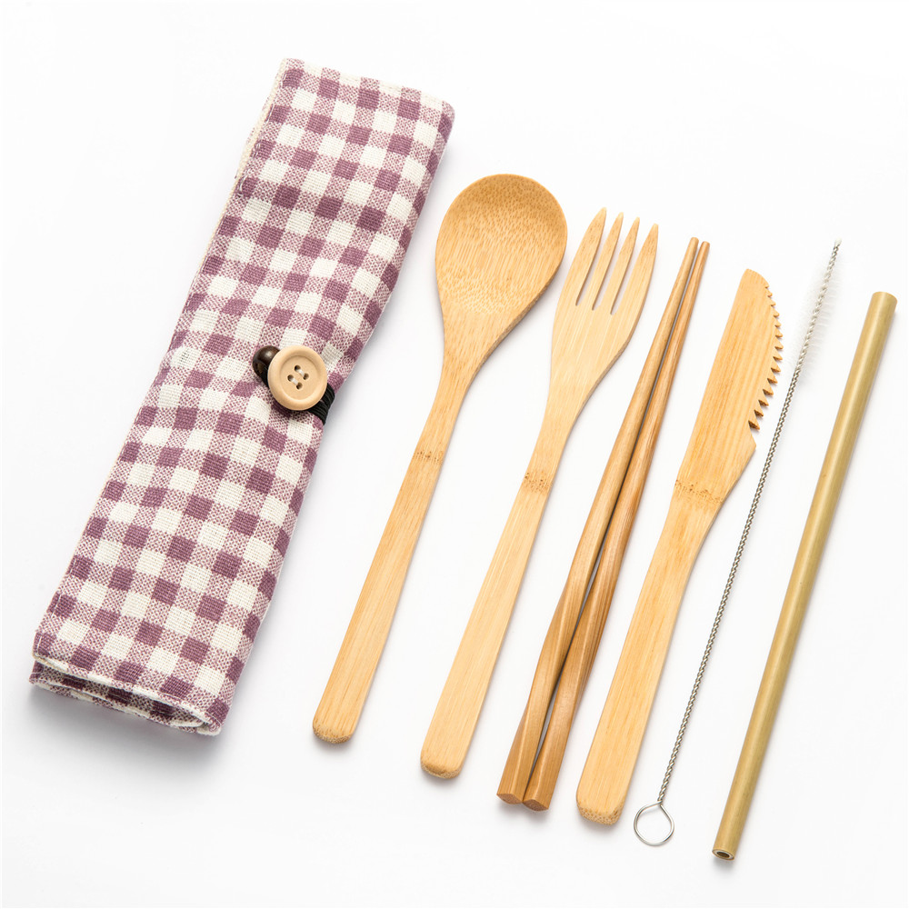 Eco-vriendelijke Reizen Herbruikbare Draagbare Bamboe Bestek Set Lepel Vork Eetstokje Sets 6 stks/set Straw Keuken Voedsel Servies Set: 7pcs set008